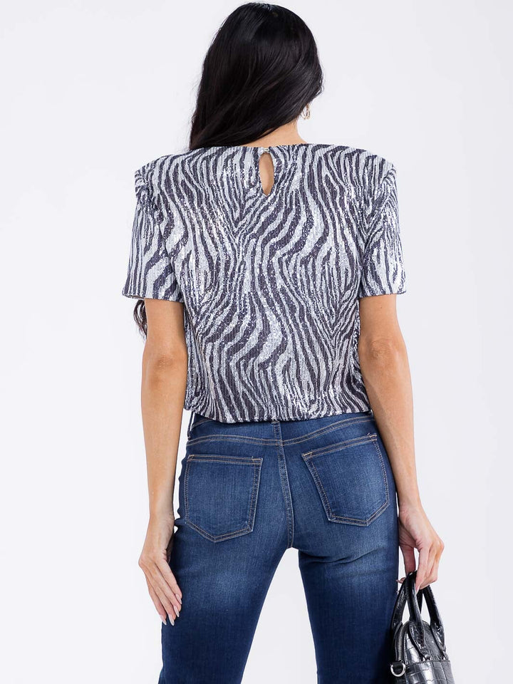 WOMEN'S SHORT SLEEVE ANIMAL PRINT SEQUINS BLOUSE