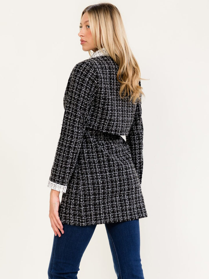 WOMEN'S LONG SLEEVE BUTTON CLOSURE FRONT POCKETS TWEED COAT