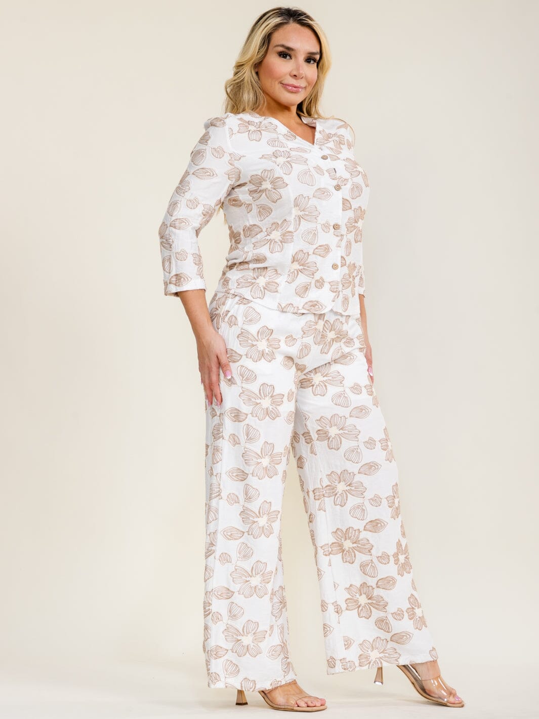 PLUS SIZE 3/4 SLEEVE BUTTON UP BLOUSE & ELASTIC WAIST POCKETS PANTS FLORAL EMBROIDERY 2PC. SET