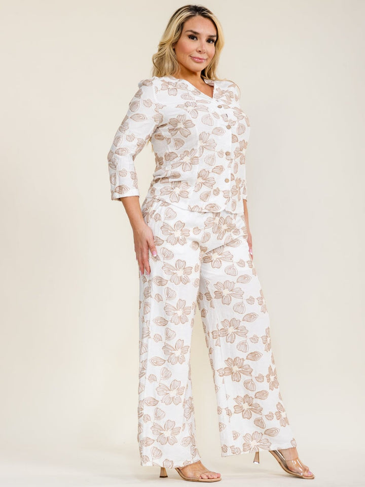 PLUS SIZE 3/4 SLEEVE BUTTON UP BLOUSE & ELASTIC WAIST POCKETS PANTS FLORAL EMBROIDERY 2PC. SET