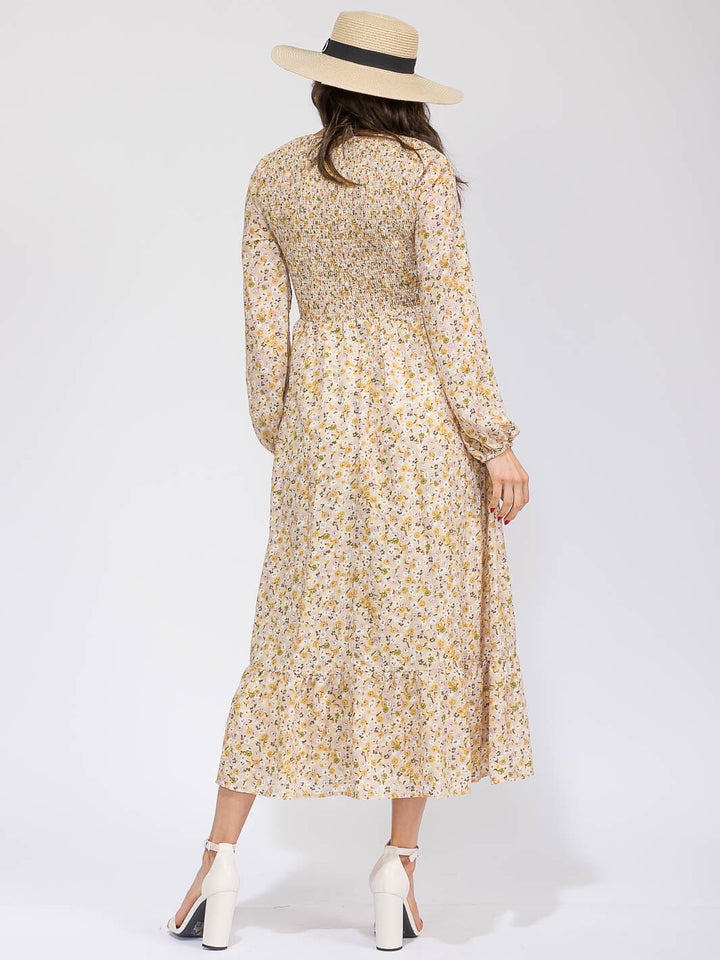 WOMEN'S LONG SLEEVE SMOCK POCKETS TIERED FLORAL MAXI DRESS