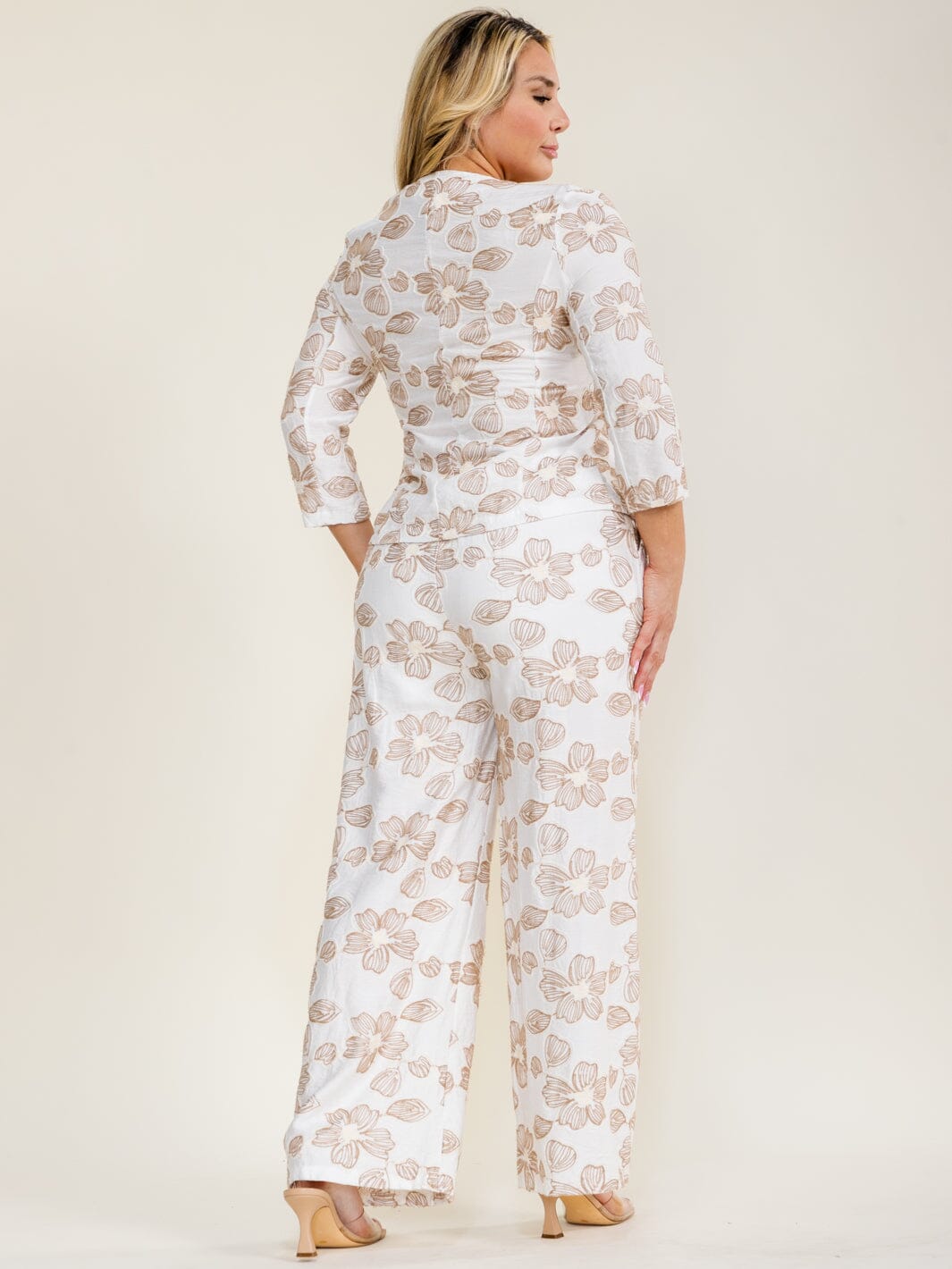 PLUS SIZE 3/4 SLEEVE BUTTON UP BLOUSE & ELASTIC WAIST POCKETS PANTS FLORAL EMBROIDERY 2PC. SET