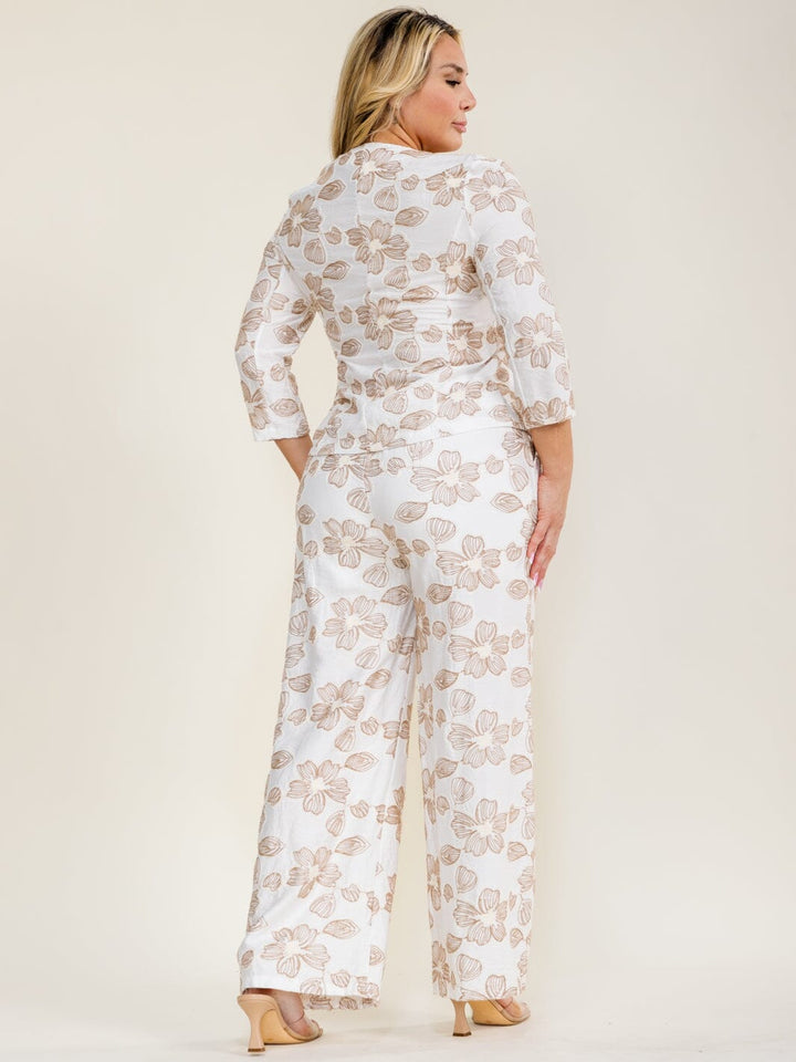 PLUS SIZE 3/4 SLEEVE BUTTON UP BLOUSE & ELASTIC WAIST POCKETS PANTS FLORAL EMBROIDERY 2PC. SET