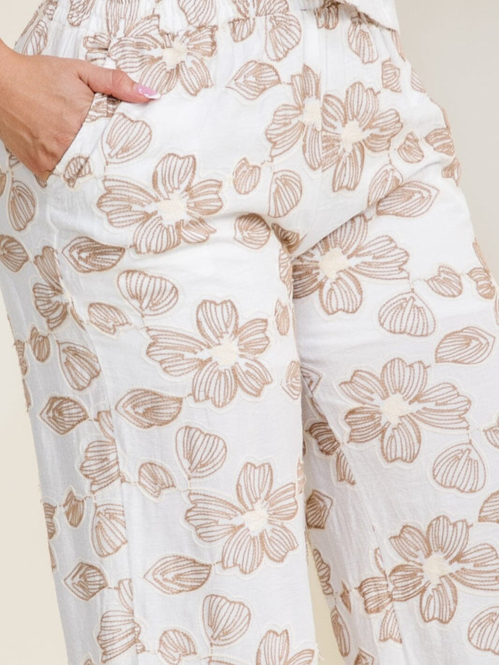 PLUS SIZE 3/4 SLEEVE BUTTON UP BLOUSE & ELASTIC WAIST POCKETS PANTS FLORAL EMBROIDERY 2PC. SET