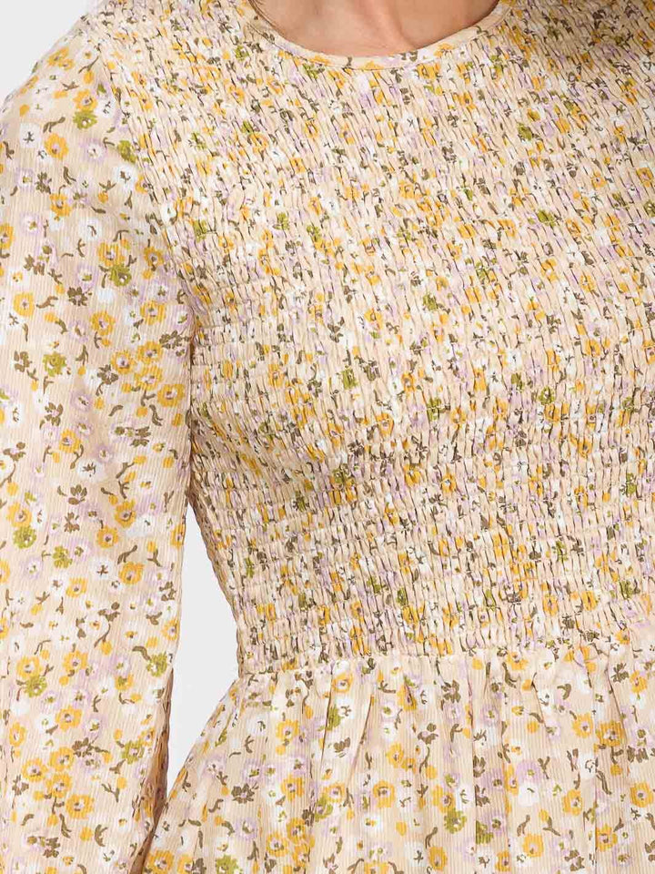 WOMEN'S LONG SLEEVE SMOCK POCKETS TIERED FLORAL MAXI DRESS