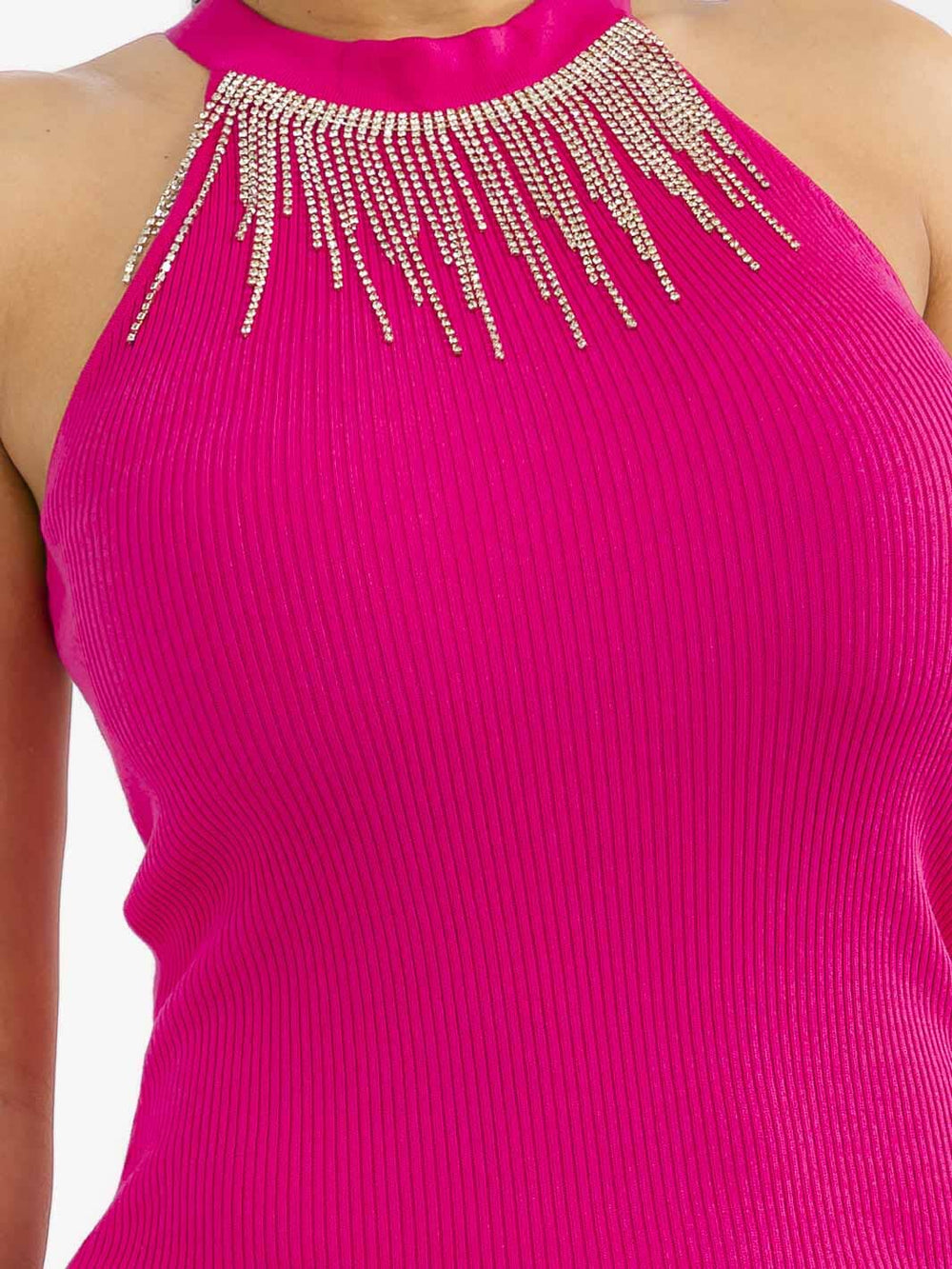 WOMEN'S SLEEVELESS HALTER NECK RIBBED STUDS FRINGE DETAILED BODYCON MINI DRESS