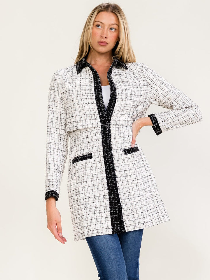 WOMEN'S LONG SLEEVE BUTTON CLOSURE FRONT POCKETS TWEED COAT