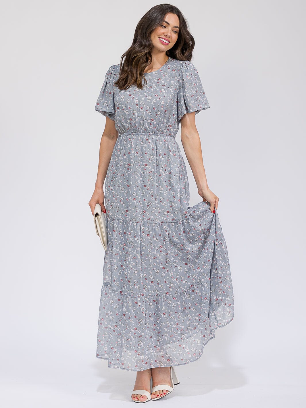 WOMEN'S SHORT SLEEVE ELASTIC WAIST SELF TIE POCKETS FLORAL MAXI DRESS
