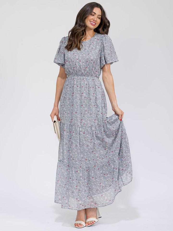 WOMEN'S SHORT SLEEVE ELASTIC WAIST SELF TIE POCKETS FLORAL MAXI DRESS
