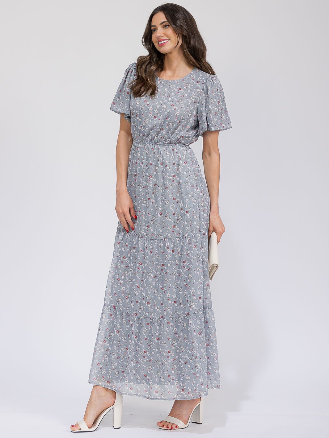 WOMEN'S SHORT SLEEVE ELASTIC WAIST SELF TIE POCKETS FLORAL MAXI DRESS