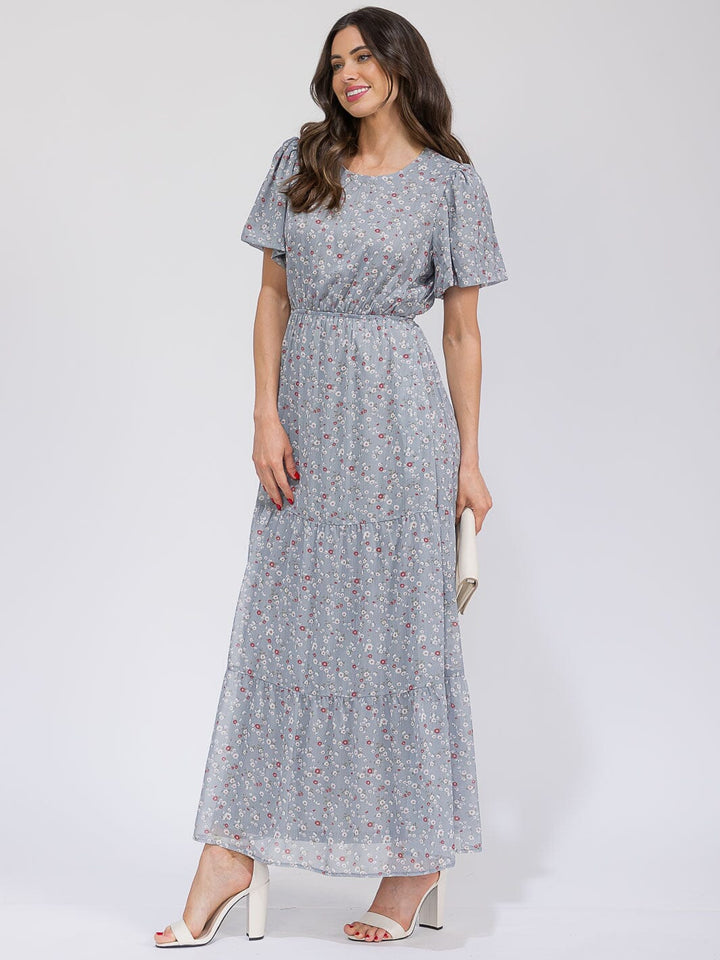 WOMEN'S SHORT SLEEVE ELASTIC WAIST SELF TIE POCKETS FLORAL MAXI DRESS