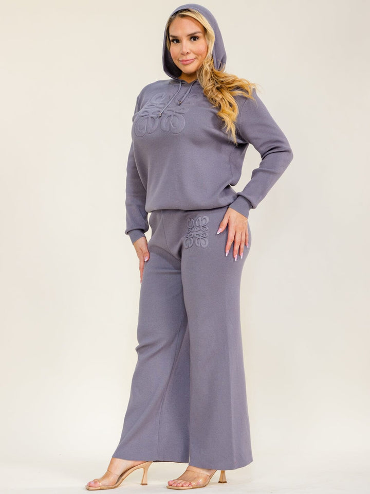 PLUS SIZE LONG SLEEVE HOODED SWEATER & ELASTIC WAIST WIDE LEG PANTS 2PC. SET