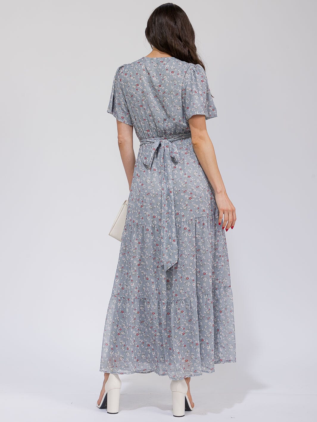 WOMEN'S SHORT SLEEVE ELASTIC WAIST SELF TIE POCKETS FLORAL MAXI DRESS