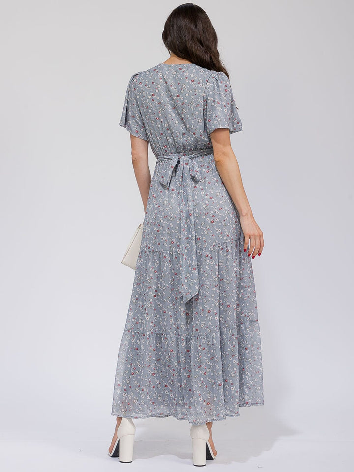 WOMEN'S SHORT SLEEVE ELASTIC WAIST SELF TIE POCKETS FLORAL MAXI DRESS