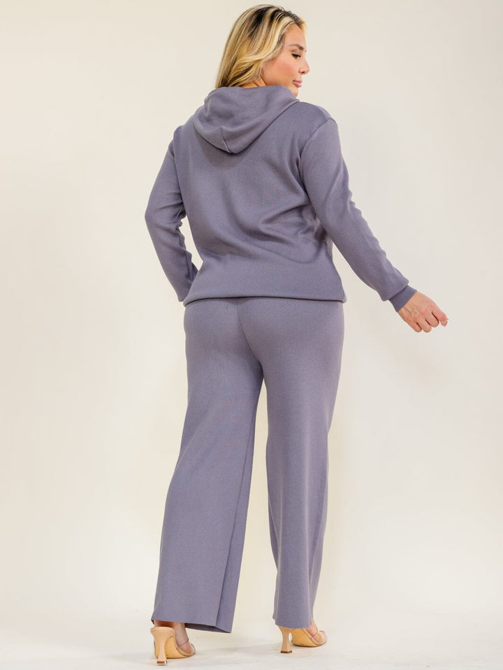PLUS SIZE LONG SLEEVE HOODED SWEATER & ELASTIC WAIST WIDE LEG PANTS 2PC. SET