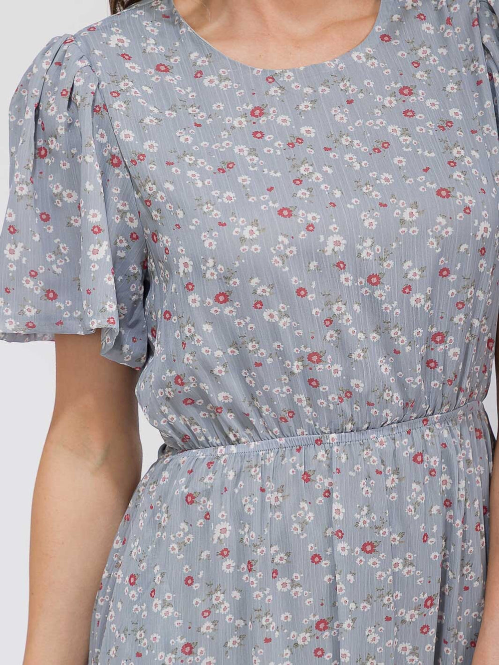 WOMEN'S SHORT SLEEVE ELASTIC WAIST SELF TIE POCKETS FLORAL MAXI DRESS