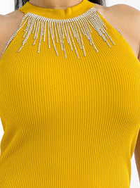 WOMEN'S SLEEVELESS HALTER NECK RIBBED STUDS FRINGE DETAILED BODYCON MINI DRESS