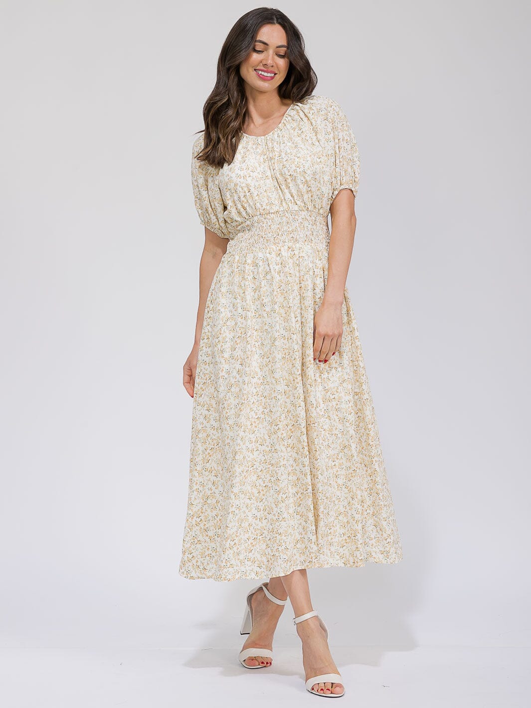 WOMEN'S SHORT SLEEVE V-NECK SMOCK WAIST POCKETS FLORAL MAXI DRESS