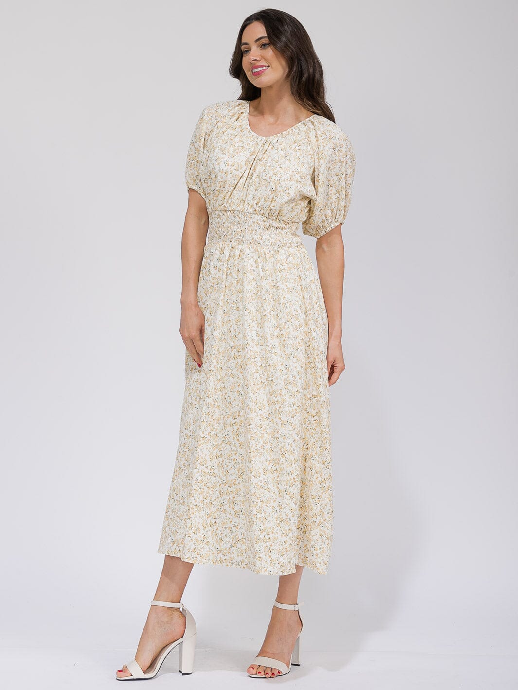 WOMEN'S SHORT SLEEVE V-NECK SMOCK WAIST POCKETS FLORAL MAXI DRESS