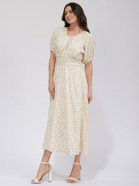 WOMEN'S SHORT SLEEVE V-NECK SMOCK WAIST POCKETS FLORAL MAXI DRESS
