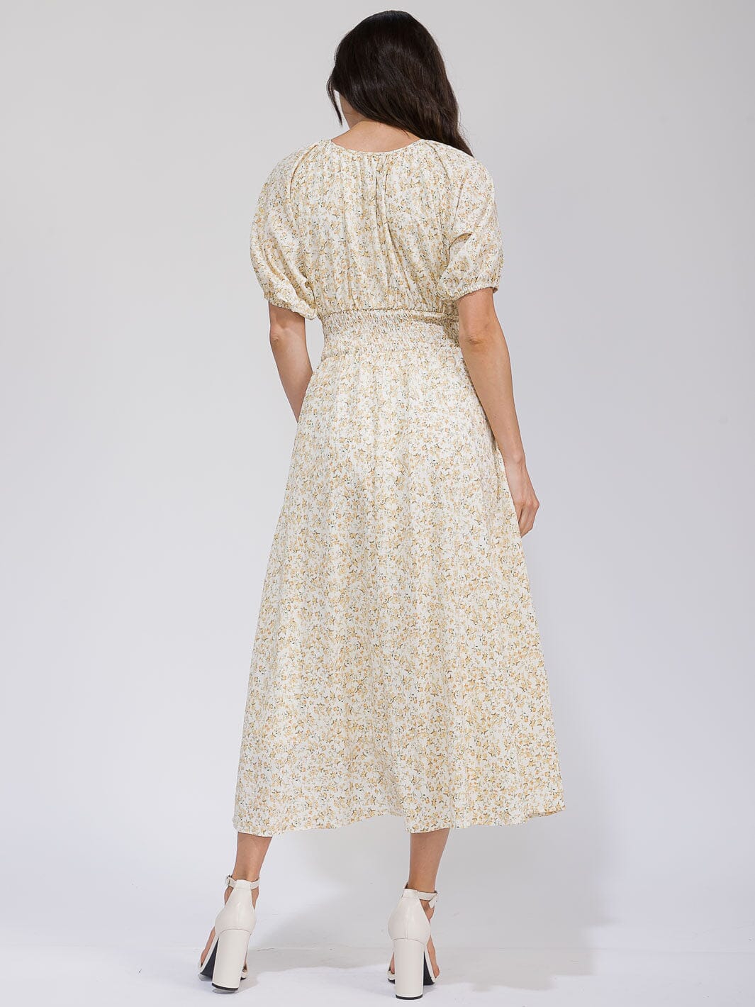 WOMEN'S SHORT SLEEVE V-NECK SMOCK WAIST POCKETS FLORAL MAXI DRESS