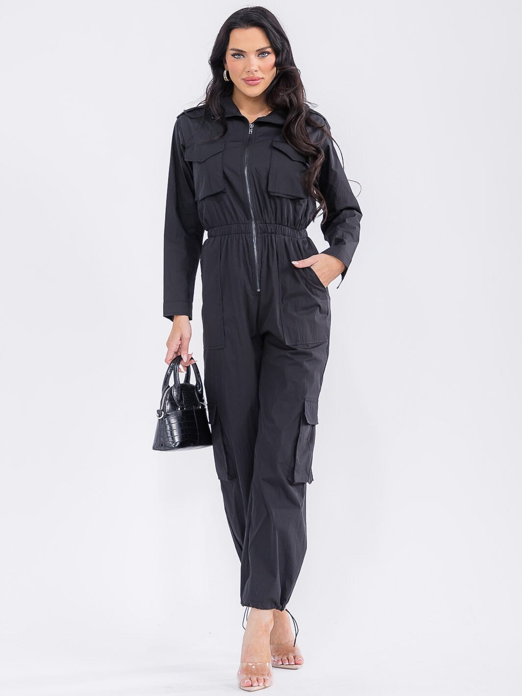 WOMEN'S LONG SLEEVE ZIP UP ELASTIC WAIST POCKETS ADJUSTABLE LEG JUMPSUIT