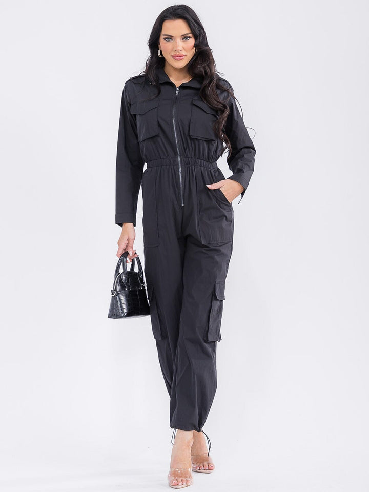 WOMEN'S LONG SLEEVE ZIP UP ELASTIC WAIST POCKETS ADJUSTABLE LEG JUMPSUIT