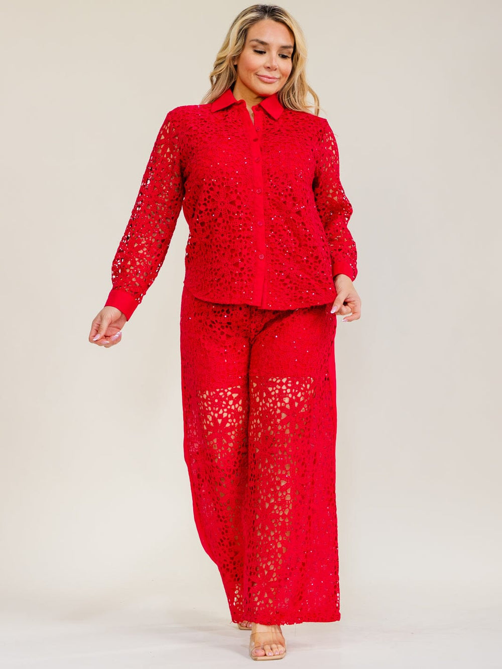 PLUS SIZE LONG SLEEVE BUTTON UP BLOUSE & ELASTIC WAIST WIDE LEG PANTS CROCHET 2PC. SET