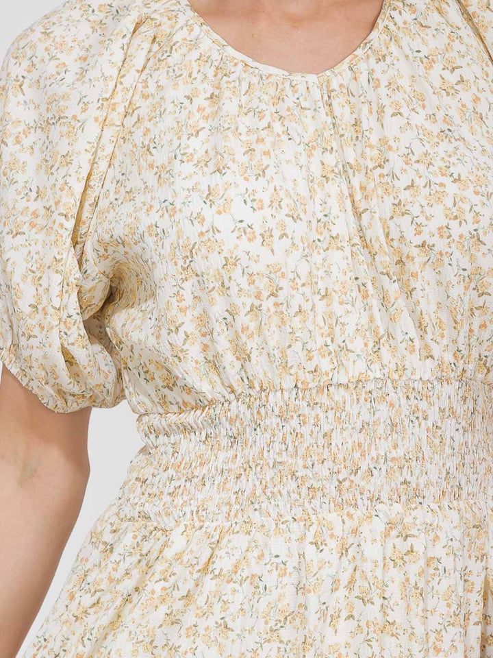 WOMEN'S SHORT SLEEVE V-NECK SMOCK WAIST POCKETS FLORAL MAXI DRESS