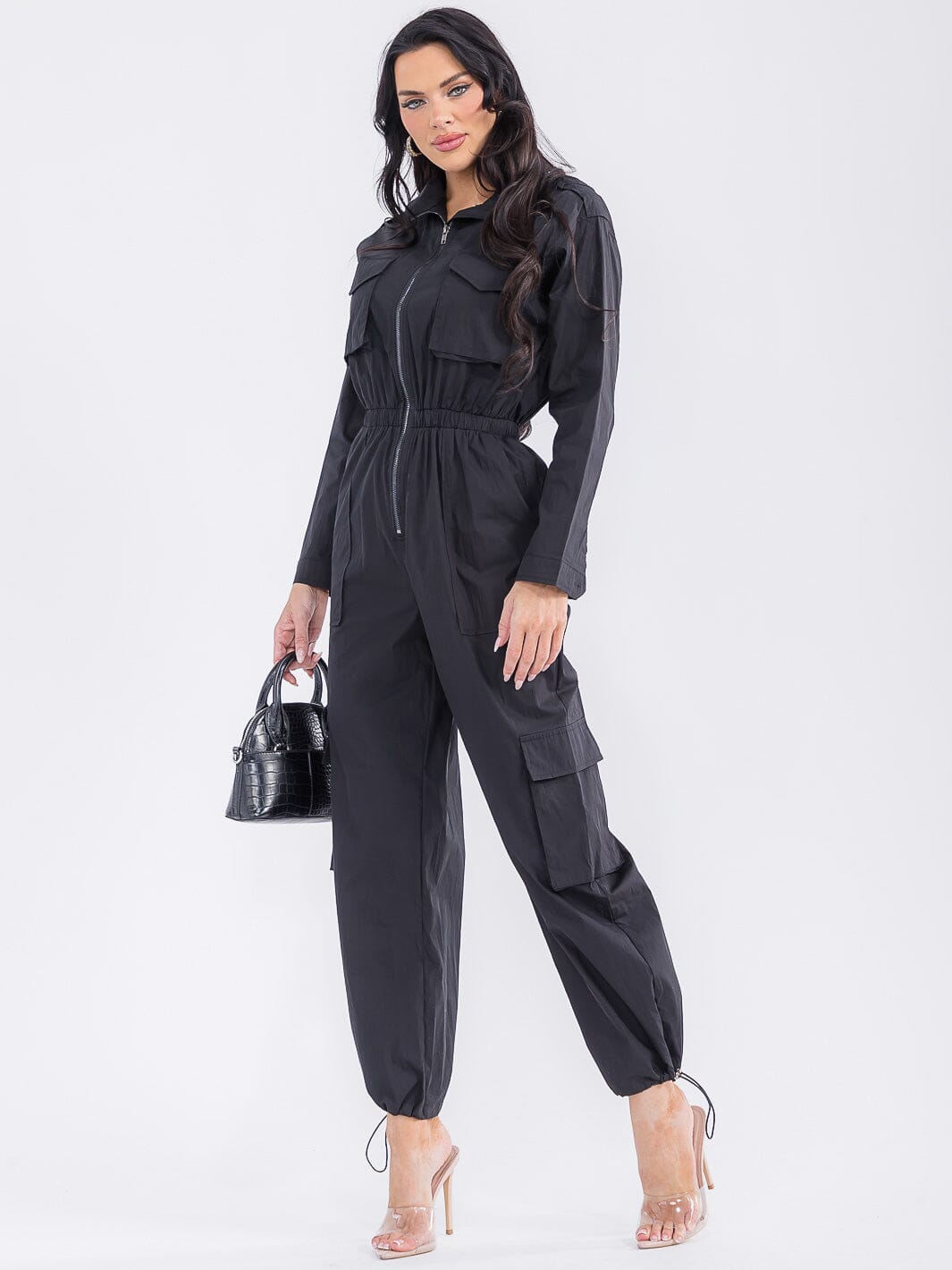 WOMEN'S LONG SLEEVE ZIP UP ELASTIC WAIST POCKETS ADJUSTABLE LEG JUMPSUIT