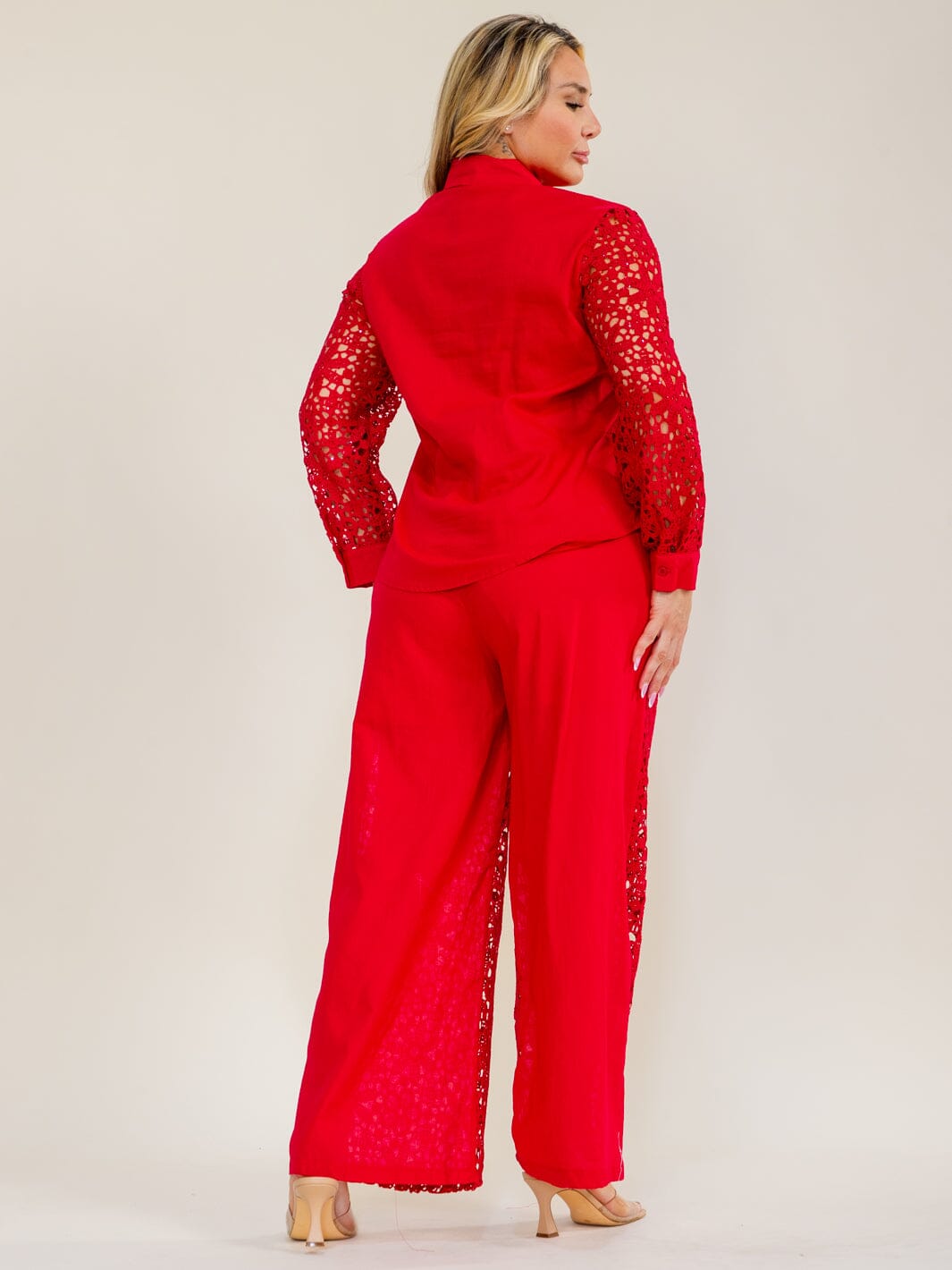 PLUS SIZE LONG SLEEVE BUTTON UP BLOUSE & ELASTIC WAIST WIDE LEG PANTS CROCHET 2PC. SET