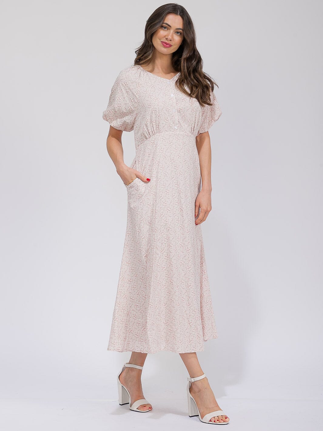 WOMEN'S SHORT SLEEVE BUTTON UP POCKETS FLORAL MAXI DRESS