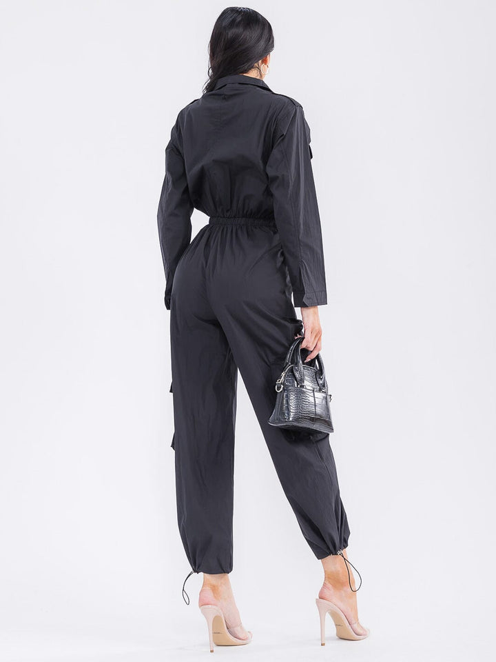 WOMEN'S LONG SLEEVE ZIP UP ELASTIC WAIST POCKETS ADJUSTABLE LEG JUMPSUIT