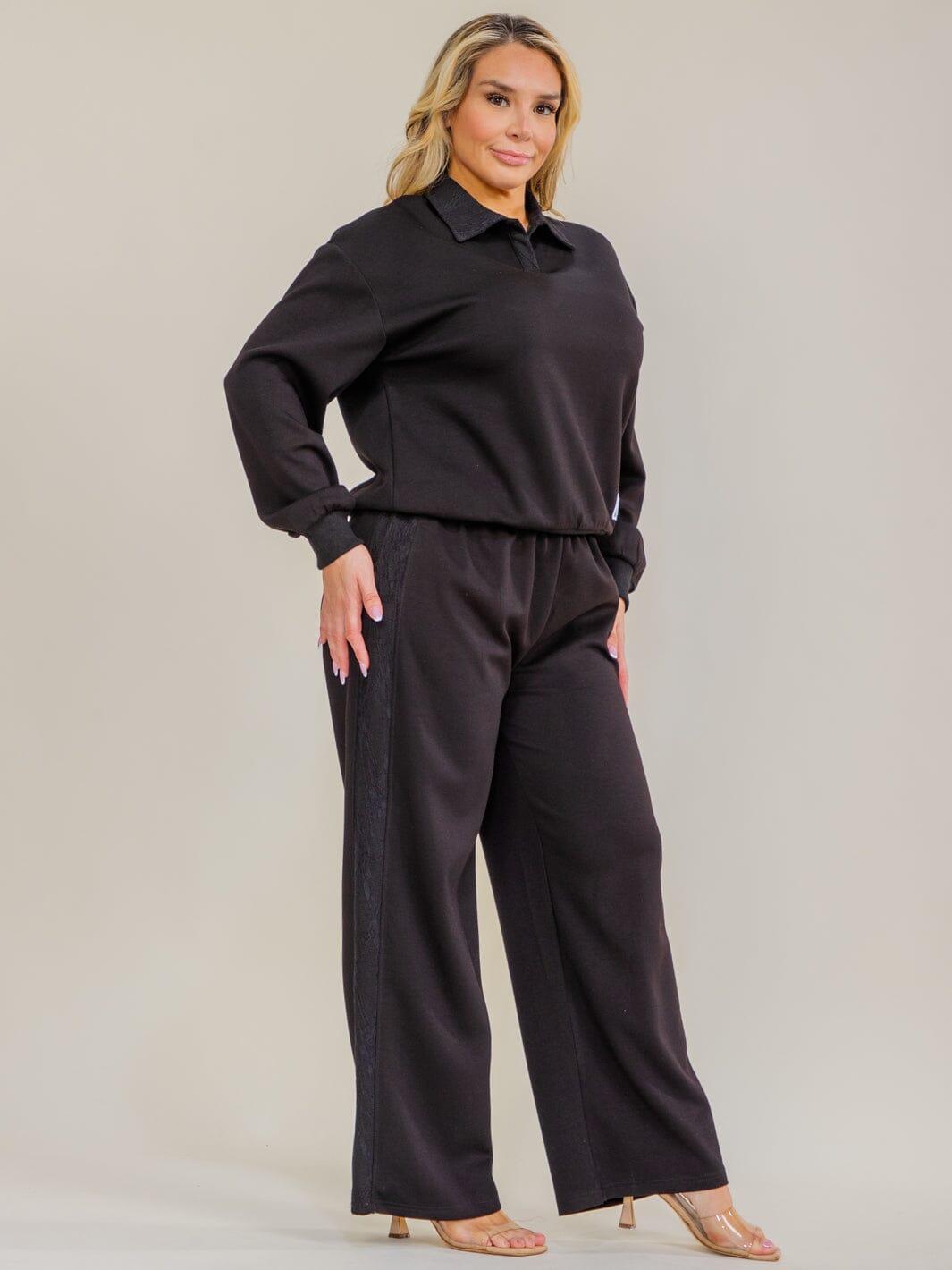 PLUS SIZE LONG SLEEVE PULLOVER SWEATER & ELASTIC WAIST WIDE LEG PANTS LACE TRIM 2PC. SET