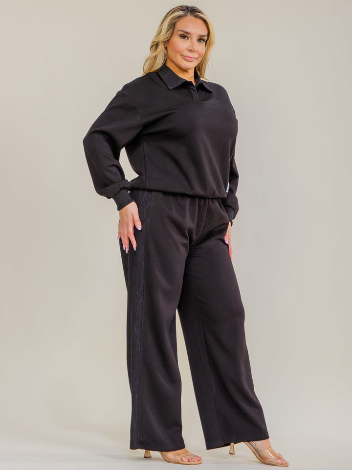 PLUS SIZE LONG SLEEVE PULLOVER SWEATER & ELASTIC WAIST WIDE LEG PANTS LACE TRIM 2PC. SET