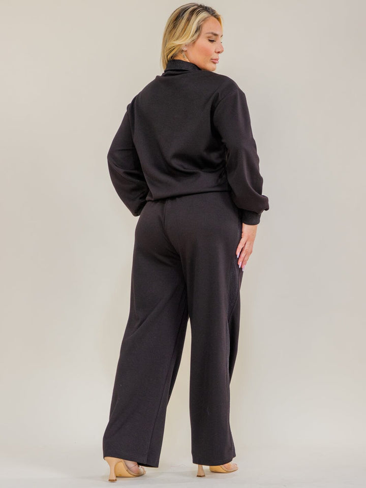PLUS SIZE LONG SLEEVE PULLOVER SWEATER & ELASTIC WAIST WIDE LEG PANTS LACE TRIM 2PC. SET