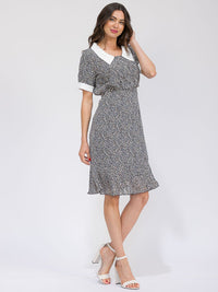 WOMEN'S SHORT SLEEVE BUTTON UP COLORBLOCK FLORAL MIDI DRESS