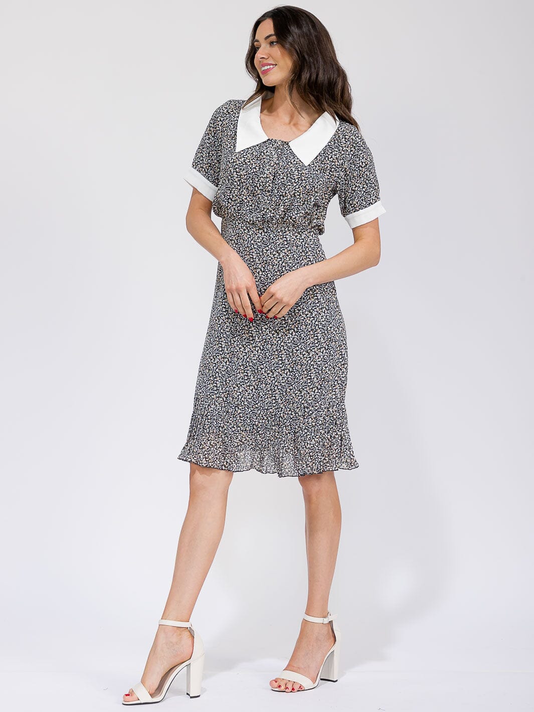 WOMEN'S SHORT SLEEVE BUTTON UP COLORBLOCK FLORAL MIDI DRESS