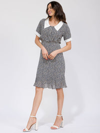 WOMEN'S SHORT SLEEVE BUTTON UP COLORBLOCK FLORAL MIDI DRESS