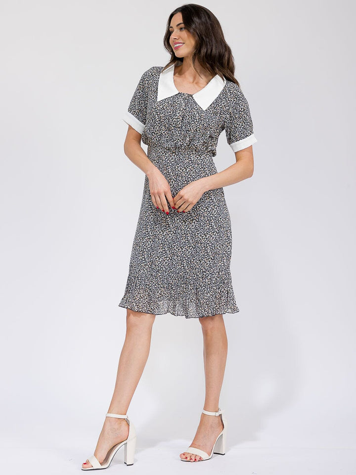 WOMEN'S SHORT SLEEVE BUTTON UP COLORBLOCK FLORAL MIDI DRESS