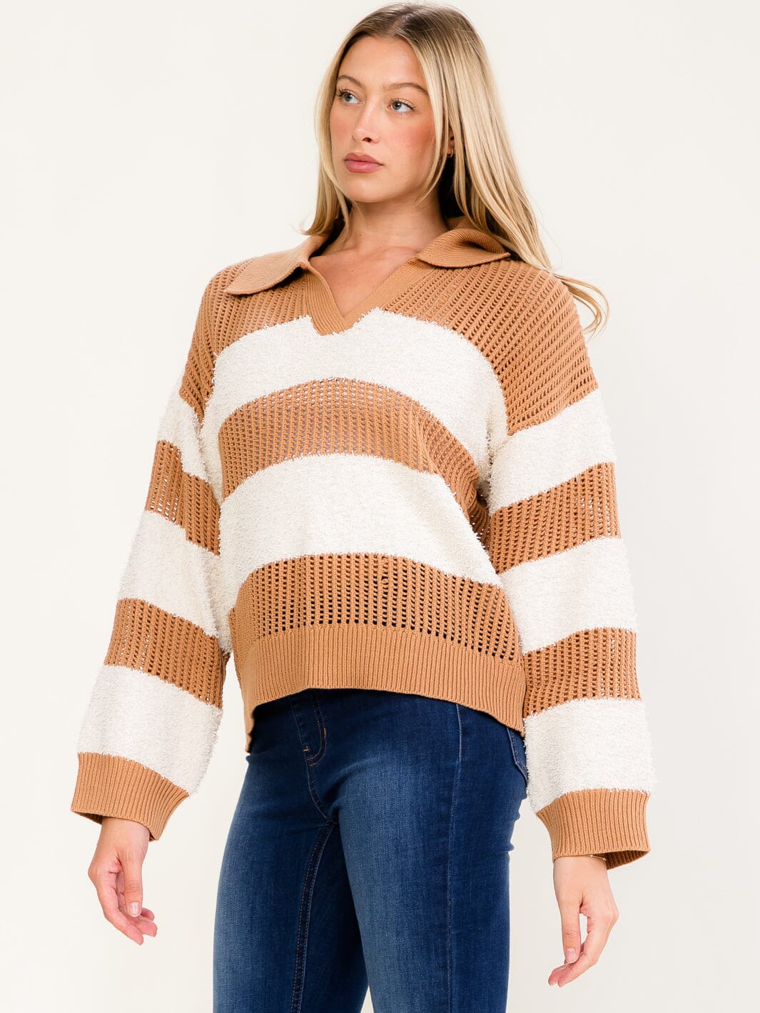 WOMEN'S LONG SLEEVE V-NECK KNIT COLORBLOCK STRIPES PULLOVER SWEATER