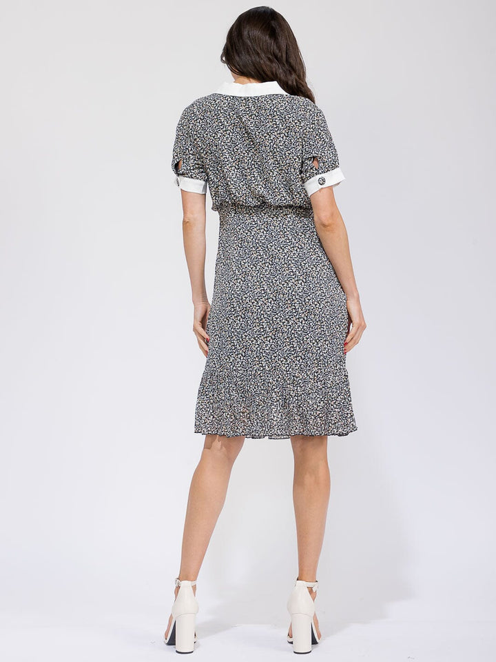 WOMEN'S SHORT SLEEVE BUTTON UP COLORBLOCK FLORAL MIDI DRESS