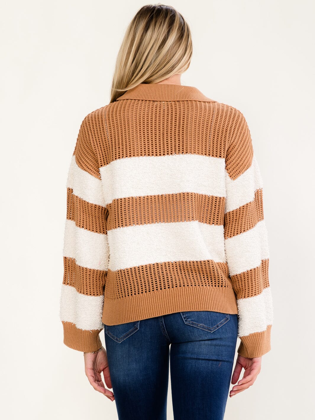 WOMEN'S LONG SLEEVE V-NECK KNIT COLORBLOCK STRIPES PULLOVER SWEATER