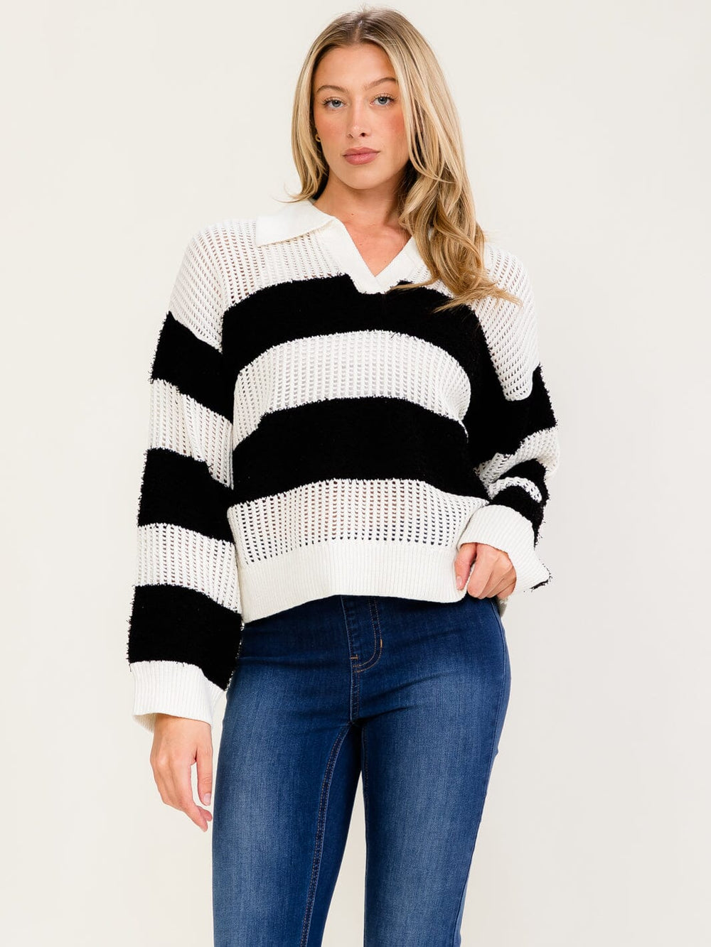 WOMEN'S LONG SLEEVE V-NECK KNIT COLORBLOCK STRIPES PULLOVER SWEATER