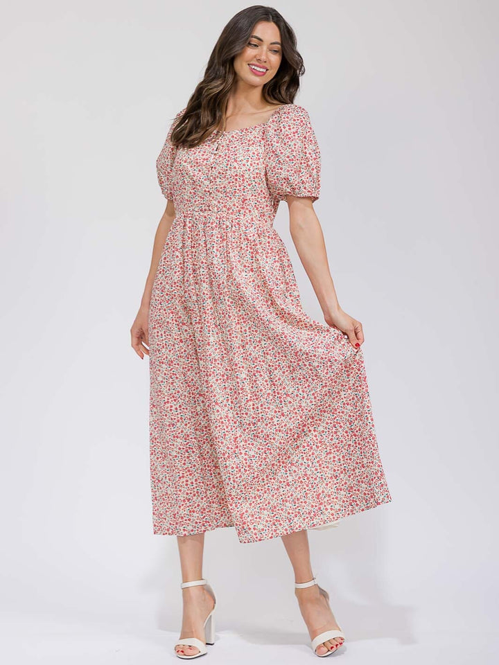 WOMEN'S SHORT SLEEVE BUTTON UP POCKETS FLORAL MAXI DRESS