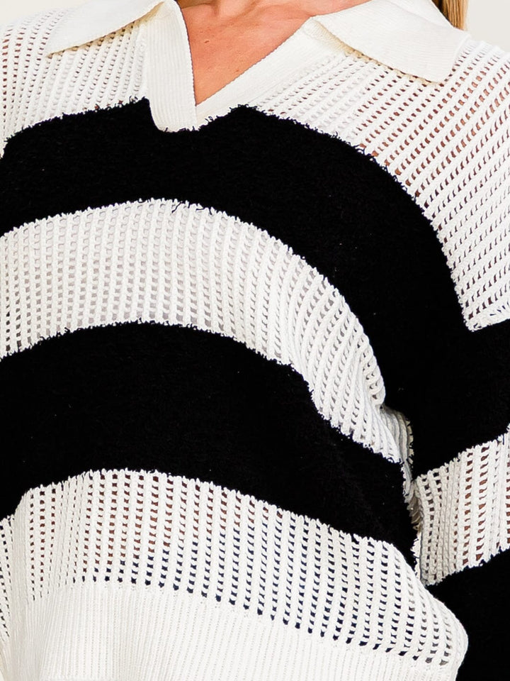 WOMEN'S LONG SLEEVE V-NECK KNIT COLORBLOCK STRIPES PULLOVER SWEATER