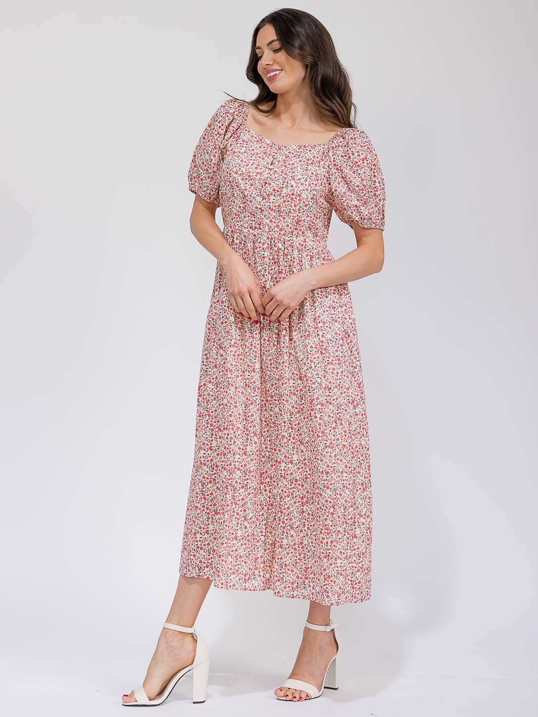 WOMEN'S SHORT SLEEVE BUTTON UP POCKETS FLORAL MAXI DRESS