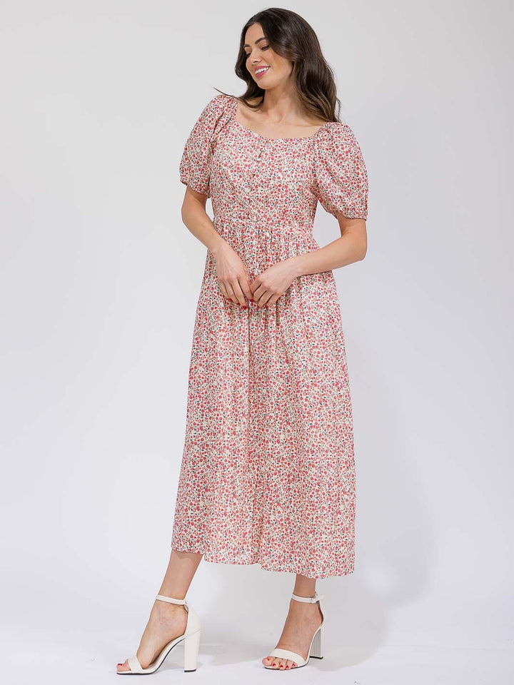 WOMEN'S SHORT SLEEVE BUTTON UP POCKETS FLORAL MAXI DRESS