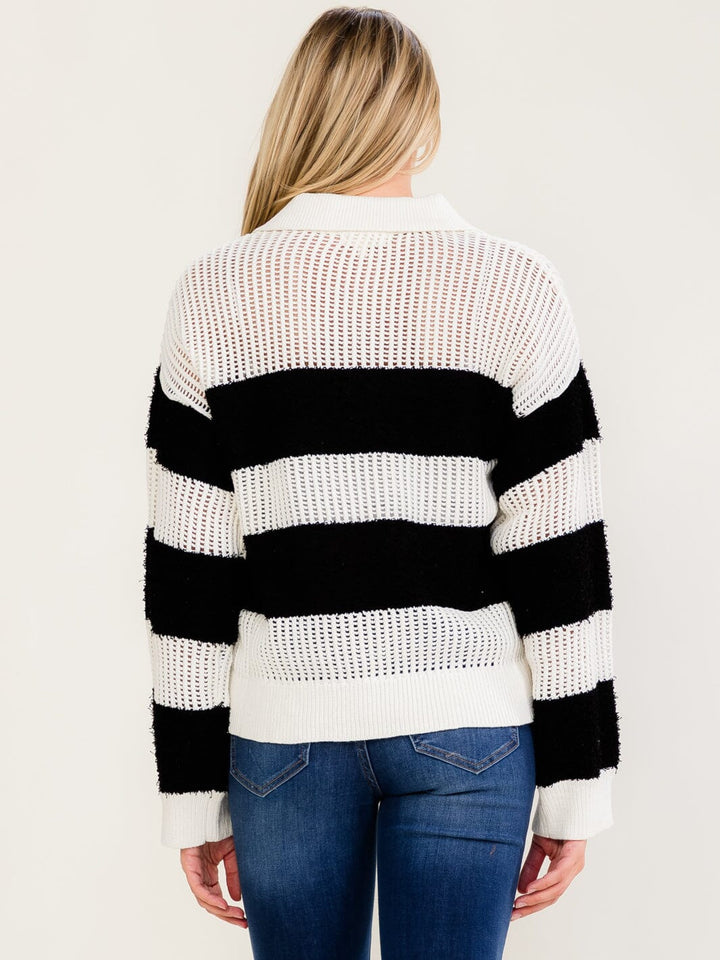 WOMEN'S LONG SLEEVE V-NECK KNIT COLORBLOCK STRIPES PULLOVER SWEATER