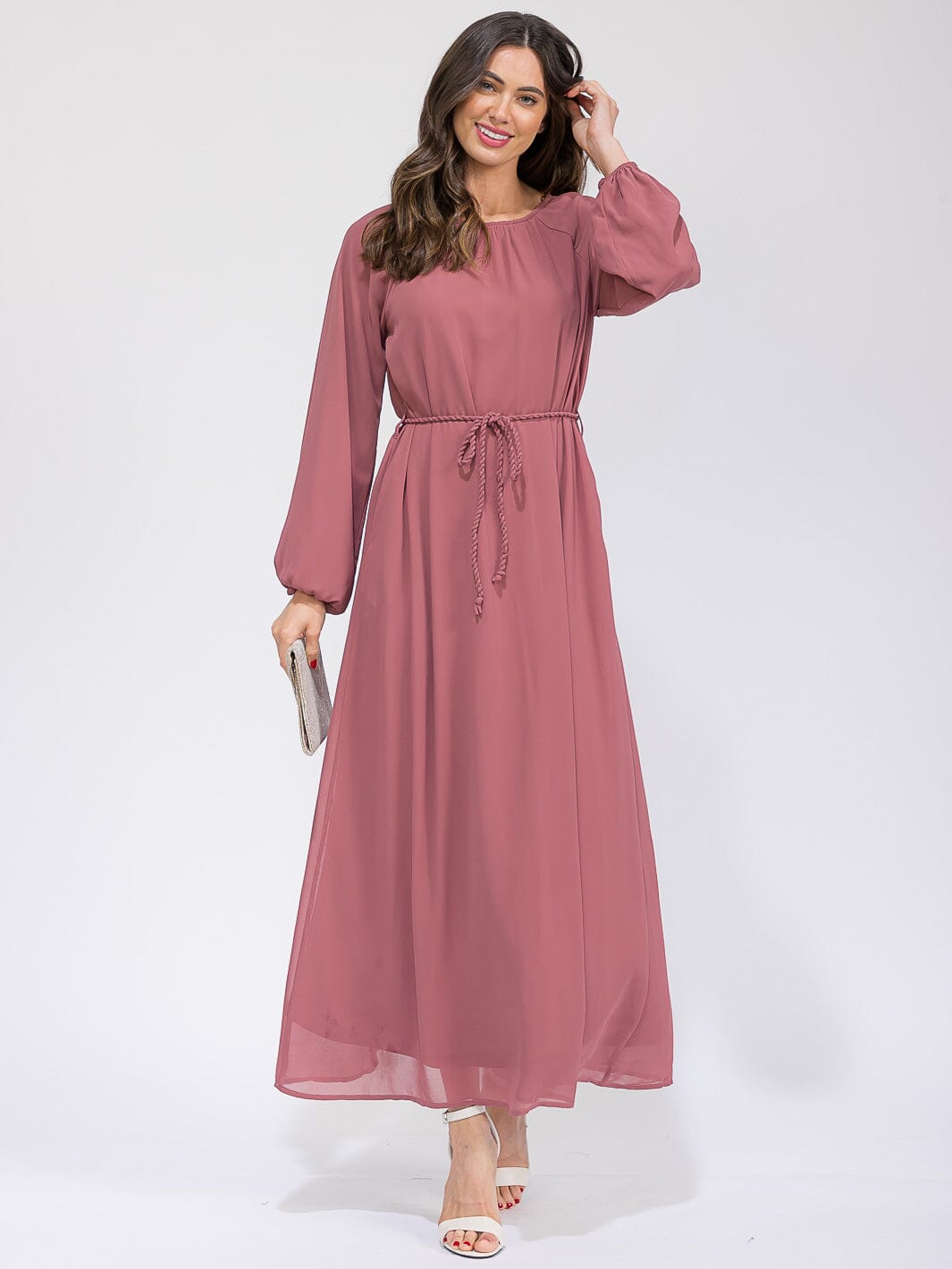 WOMEN'S LONG SLEEVES SELF TIE FRONT POCKETS MAXI DRESS